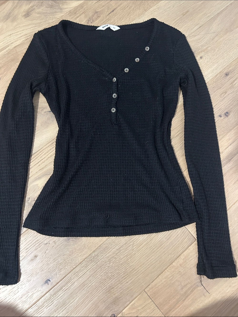 Bluenotes Black Ribbed Long-Sleeve Henley Top with Asymmetric Buttons